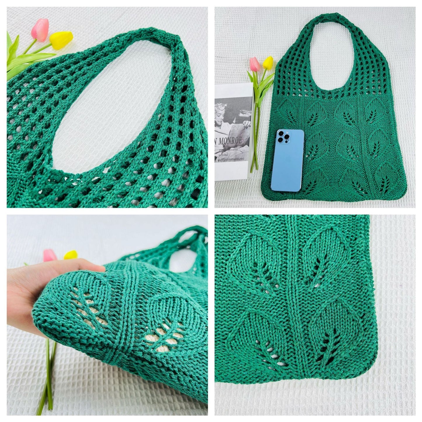 Solid Color Hollow Out Knit Shoulder Tote Bag