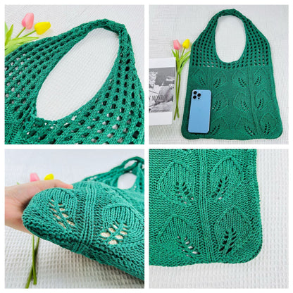 Solid Color Hollow Out Knit Shoulder Tote Bag