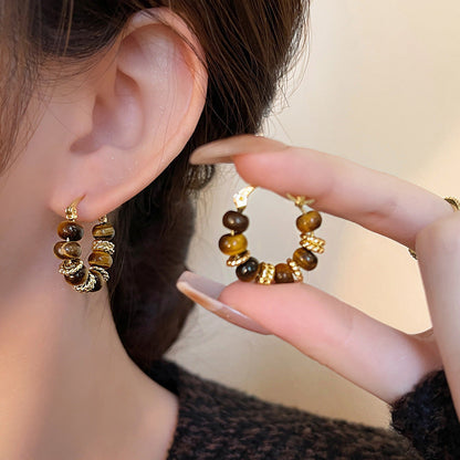 Retro Tiger Eye Stone Bead Hoop Earrings