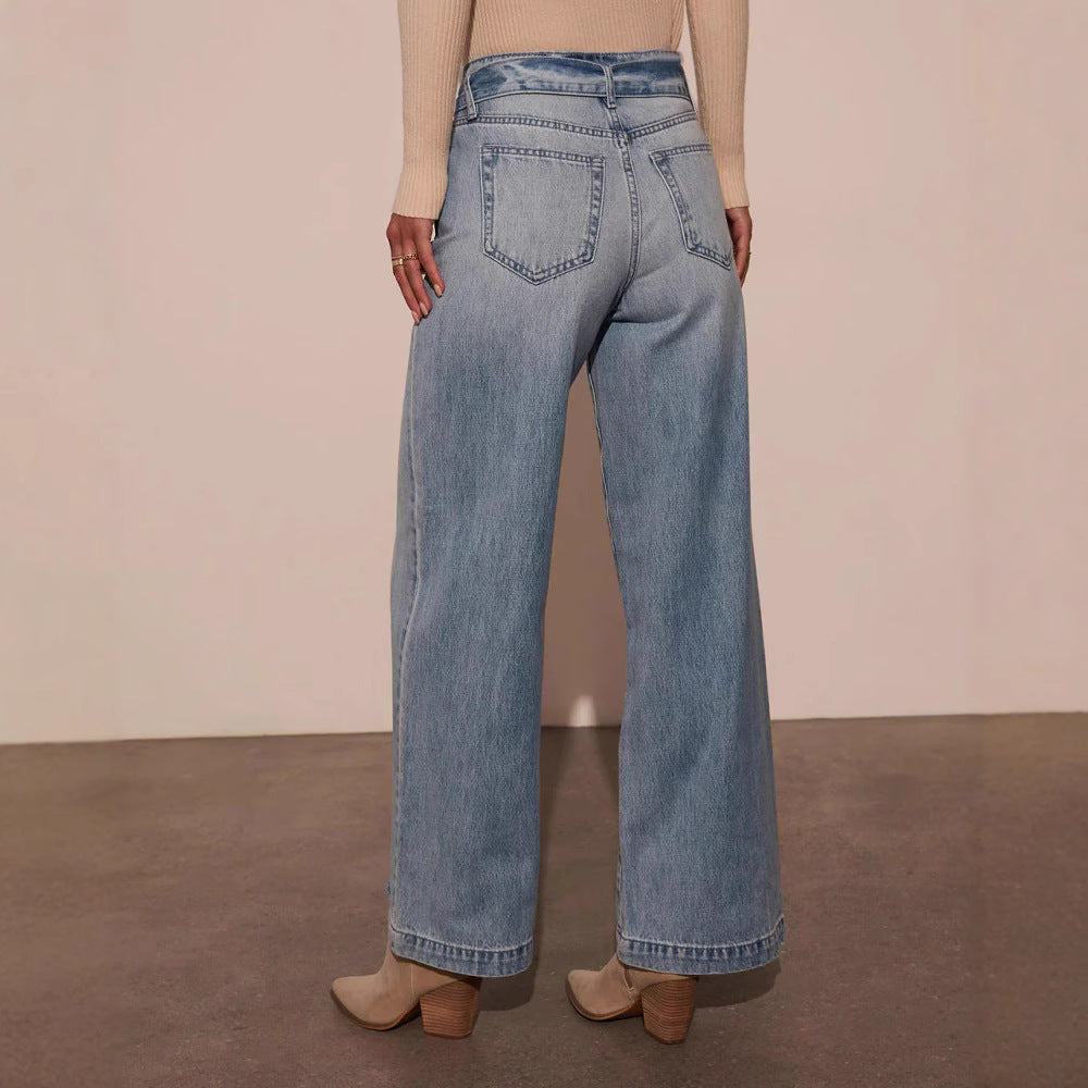 Washed Straight Leg String Tie Loose Jeans