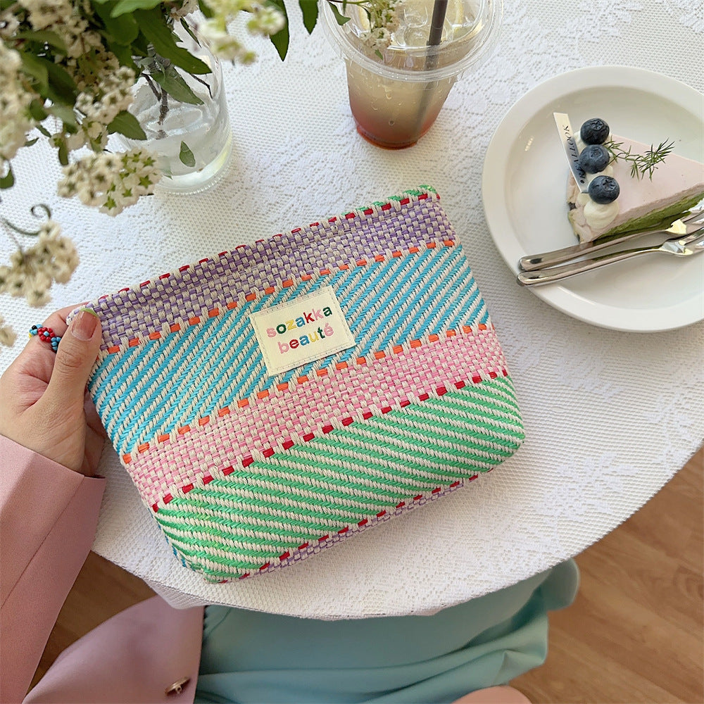 Color Block Striped Large Capacity Make Up Bag