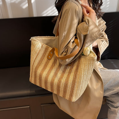 Striped Large Capacity Woven Shoulder Tote Bag