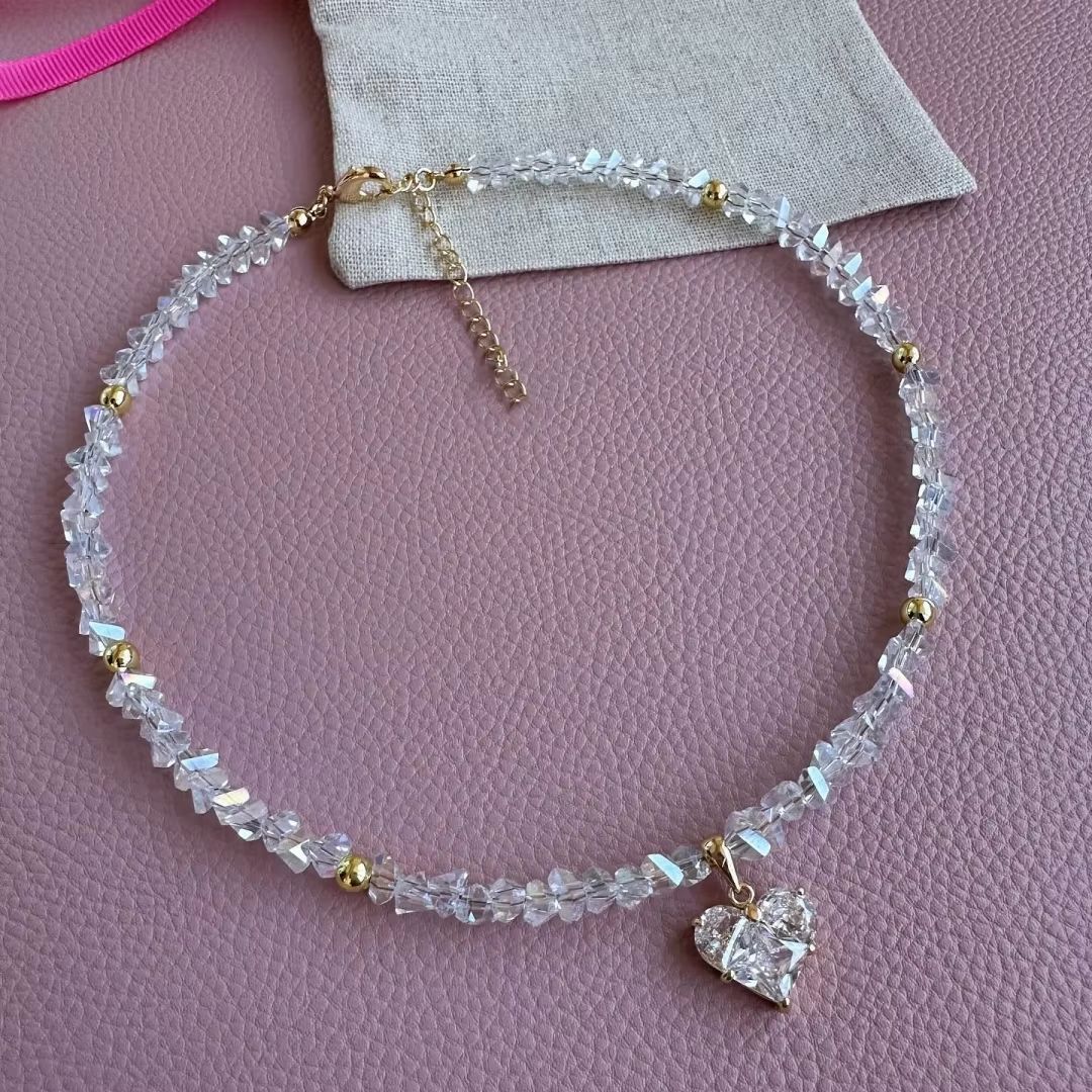 Crystal Beaded Heart Pendant Choker Necklace