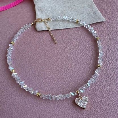 Crystal Beaded Heart Pendant Choker Necklace