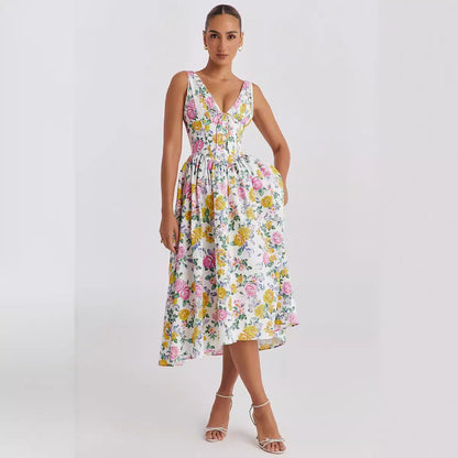 V-Neck Slim Sleeveless Floral Print Midi Dress