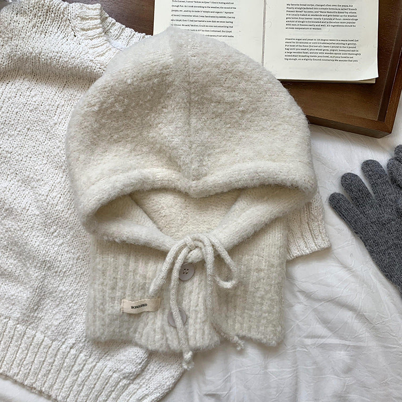 Solid Color Button One-Piece Hat & Scarf