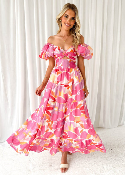 Puffy Sleeves Floral Print Belted Dress