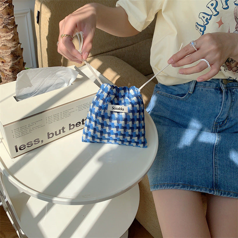 Plaid Drawstring Mini Make Up Bag