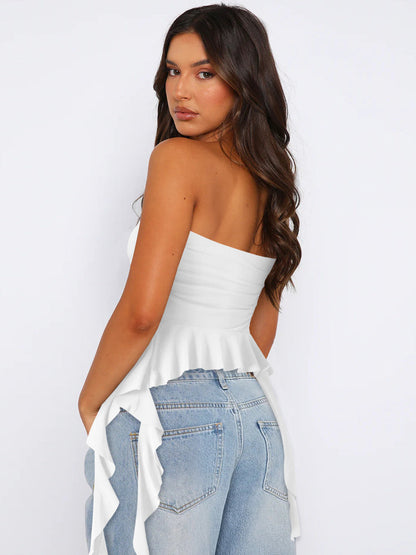 Solid Sexy Flounce Strapless Slim Top