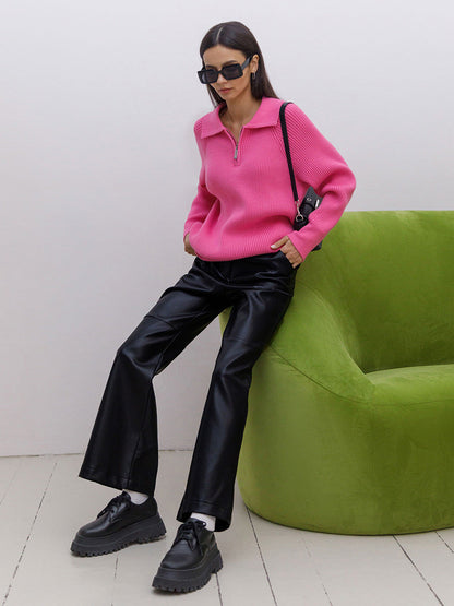 Solid Color Zipper Sweater Loose Knit Sweater