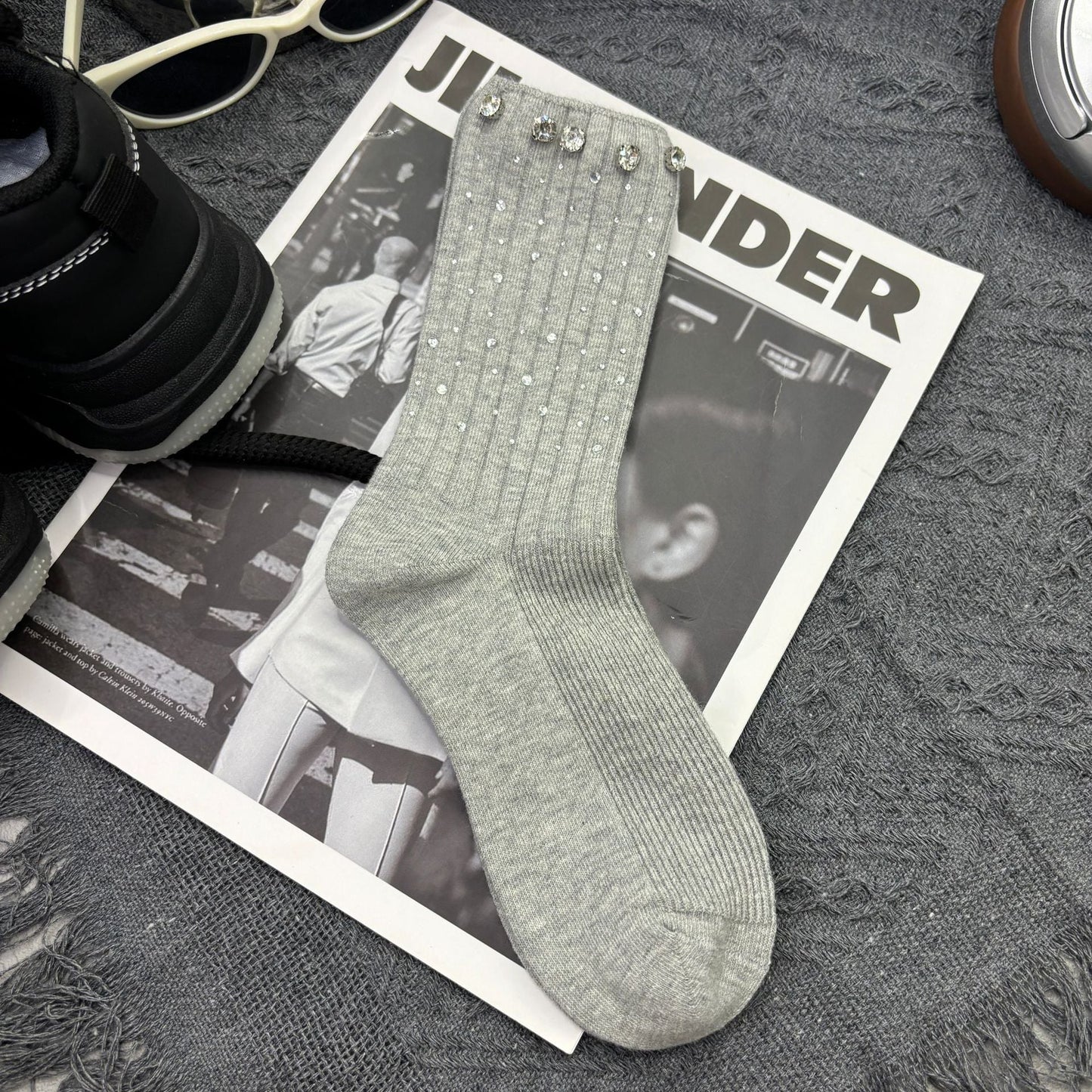 Rhinestone Ribbed Sweet Cotton Socks