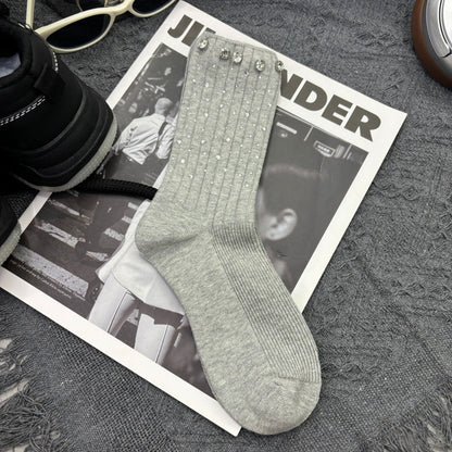 Rhinestone Ribbed Sweet Cotton Socks