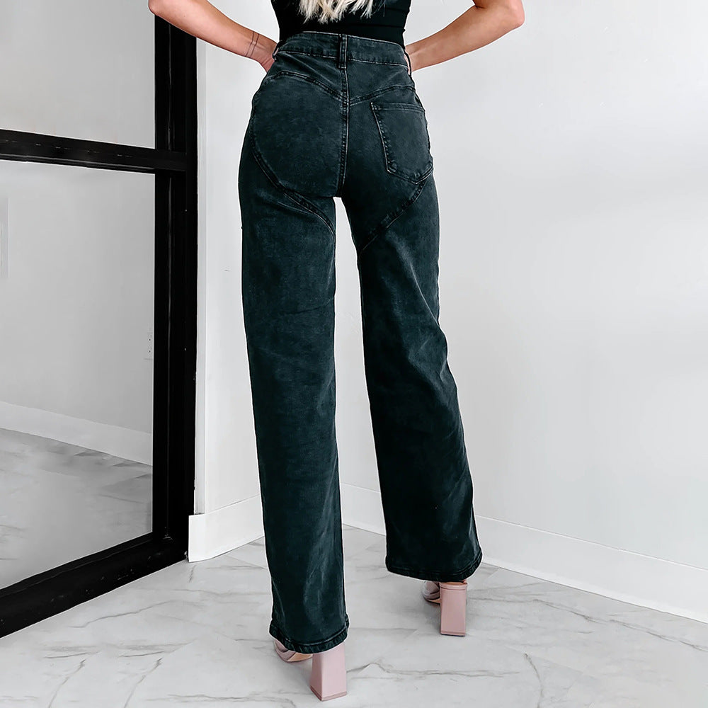 Trendy Ripped Rhinestone Stud Staight Leg Jeans