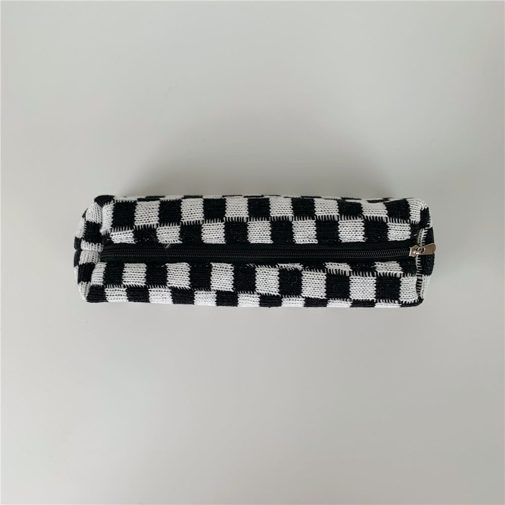 Simple Plaid Color Block Knit Make Up Bag