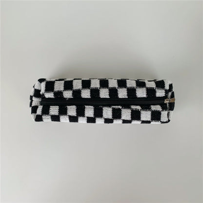 Simple Plaid Color Block Knit Make Up Bag