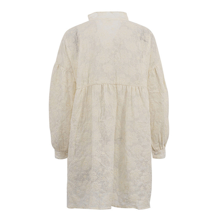 Flower Jacquard Lantern Sleeves Sweet Mini Dress