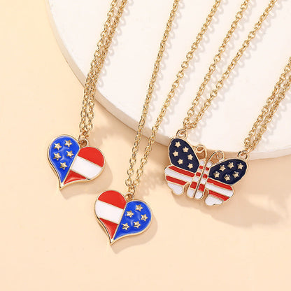 2Pcs USA Flag Heart Necklace Butterfly Necklaces