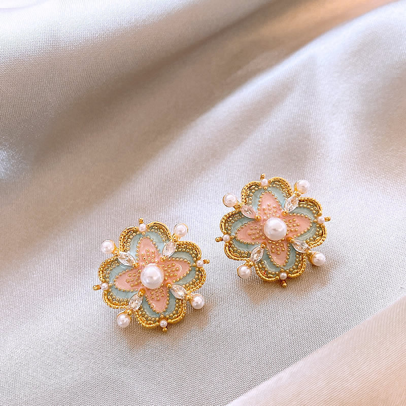 Vintage Gold Enamel Floral Hook Earrings