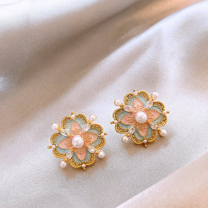 Vintage Gold Enamel Floral Hook Earrings