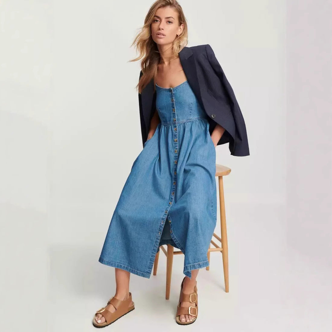 Denim Simple Button Spaghetti Midi Dress