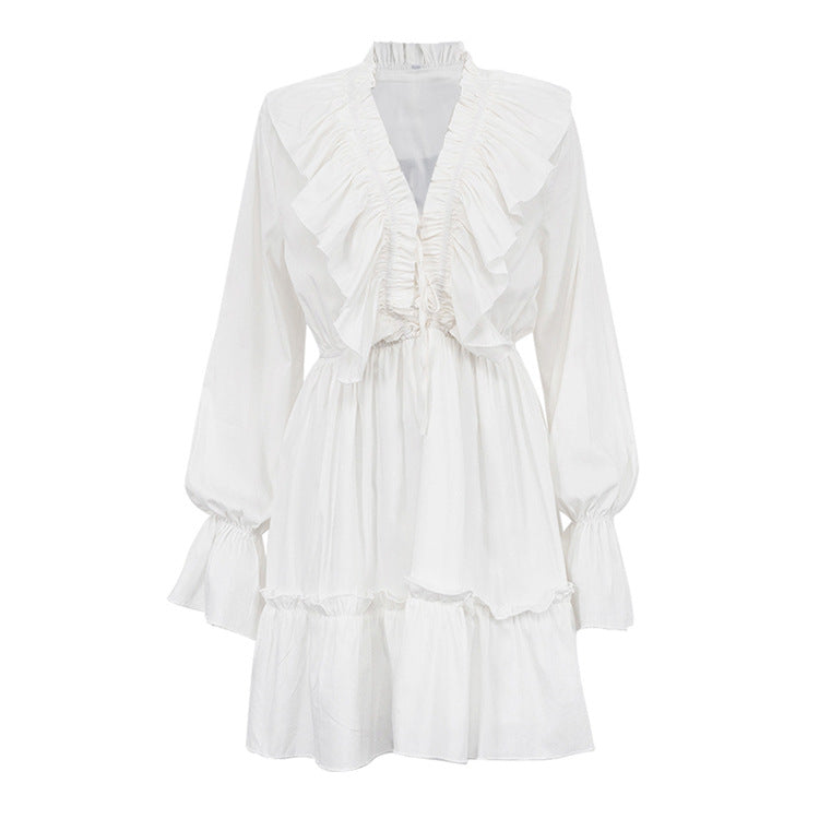 V-Neck Flounce Solid Color Mini Dress