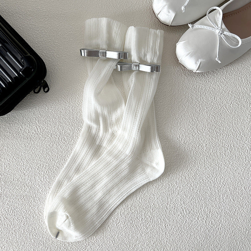 Sweet Leather Bow Mesh Thin Socks