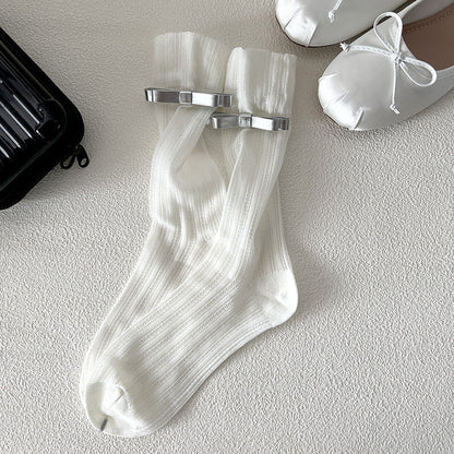 Sweet Leather Bow Mesh Thin Socks