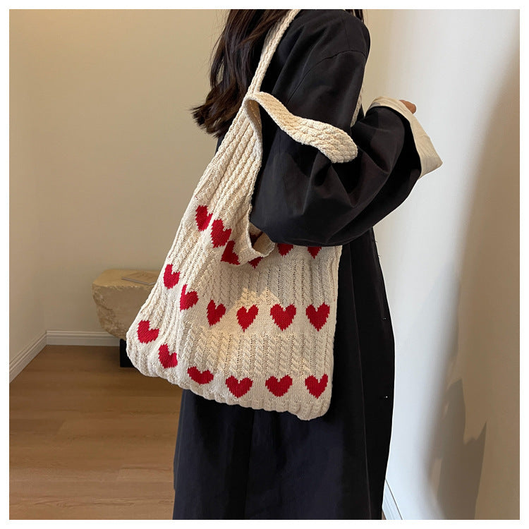 Love Print Color Block Simple Knit Shoulder Bag