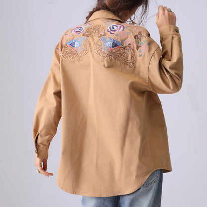 Trendy Embroidered Lapel Collar Long Sleeve Top
