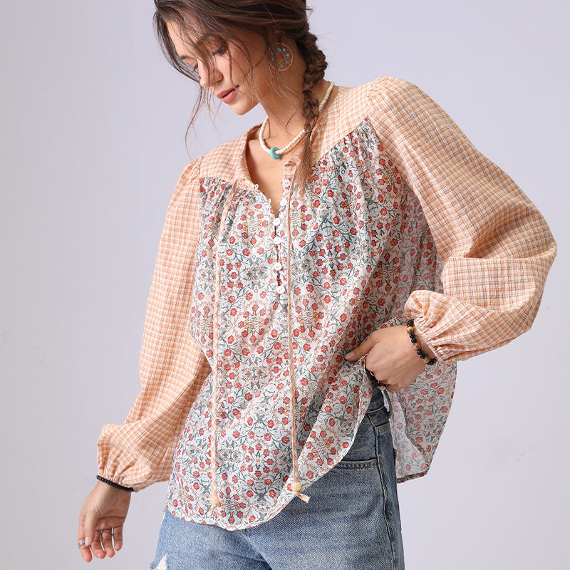 Floral Print Plaid String Pullover Shirt