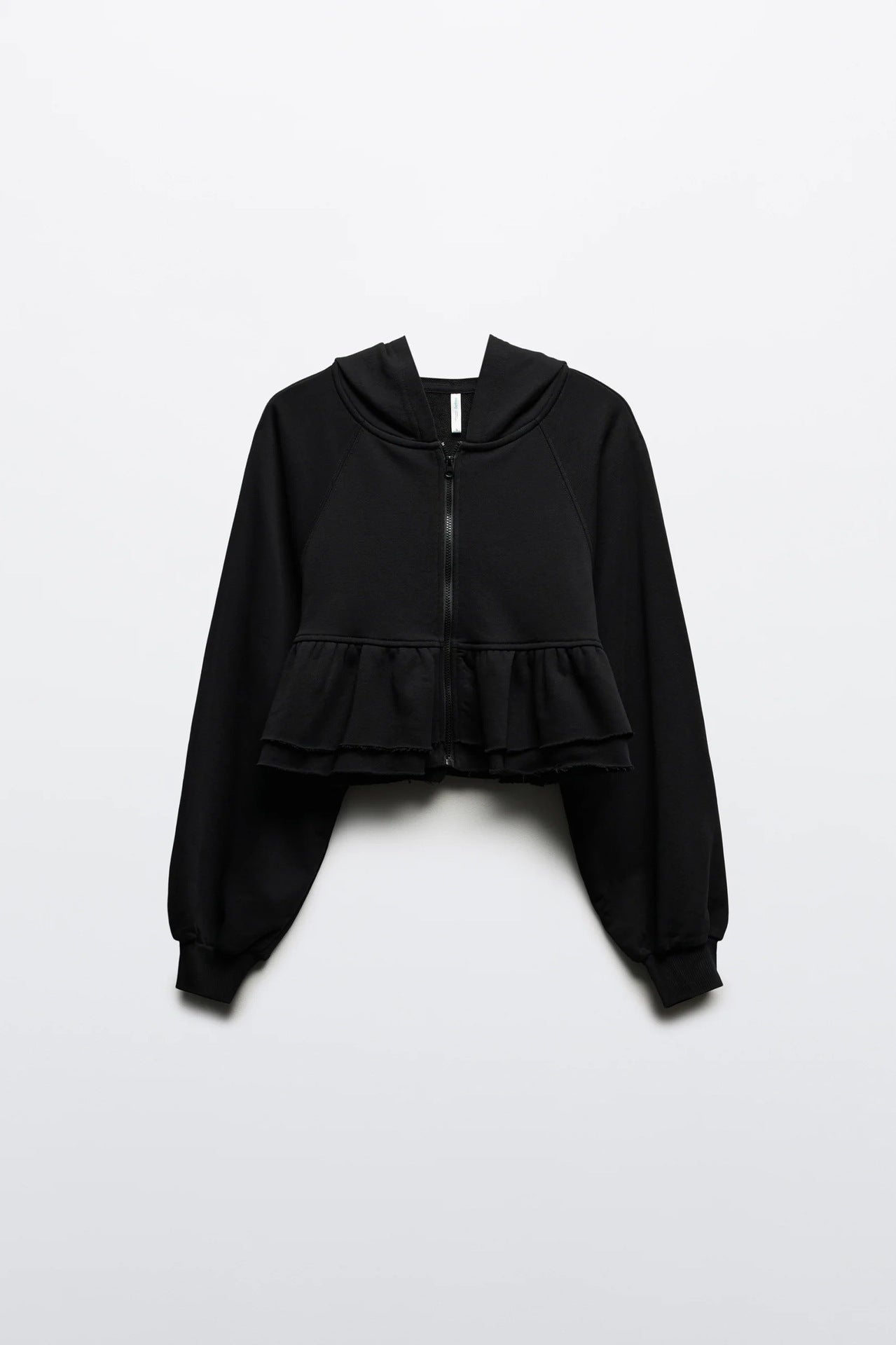 Solid Color Ruffle Trim Zip-Up Hoodie Sweatshirt