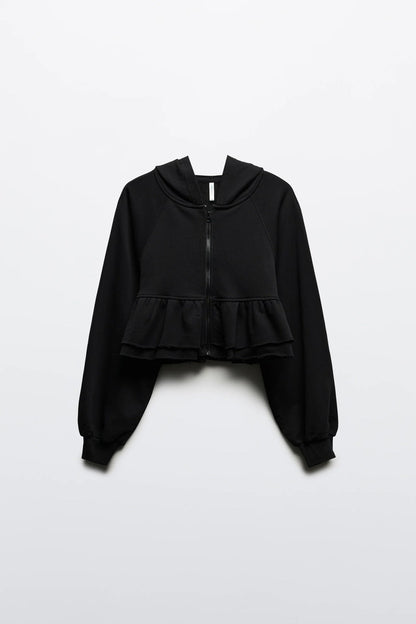 Solid Color Ruffle Trim Zip-Up Hoodie Sweatshirt