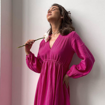 V-Neck Solid Color Loose Homewear Dress