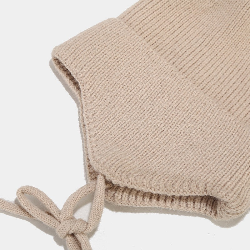 Solid Color String Tie Knit Pom Beanie