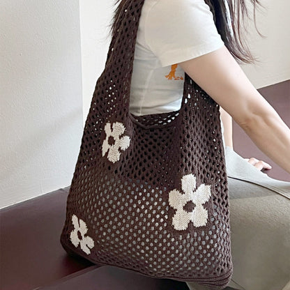 Flower Color Block Hollow Out Woven Handbag