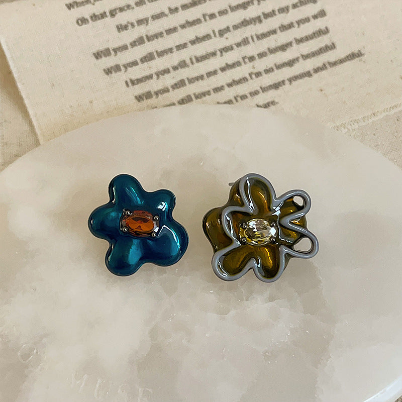 Asymmetric Enamel Zircon Flower Stud Earrings