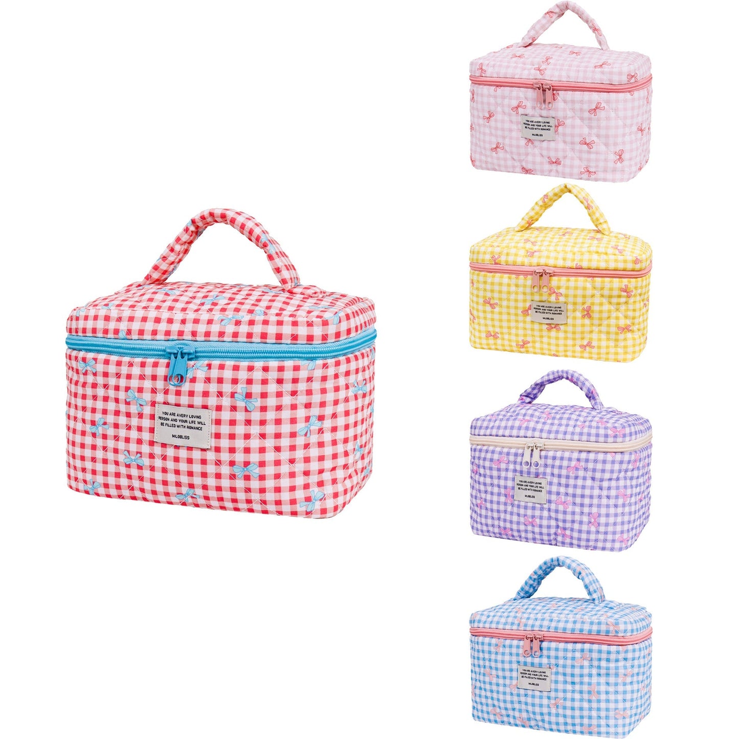 Sweet Color Block Plaid Bow Make Up Bag