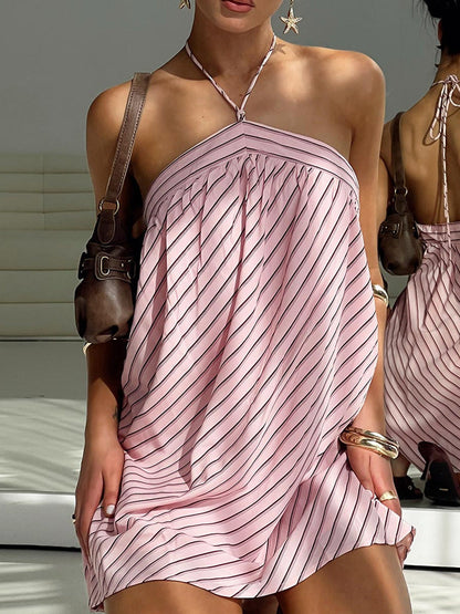 Cute Solid Color Striped Halter Backless Dress