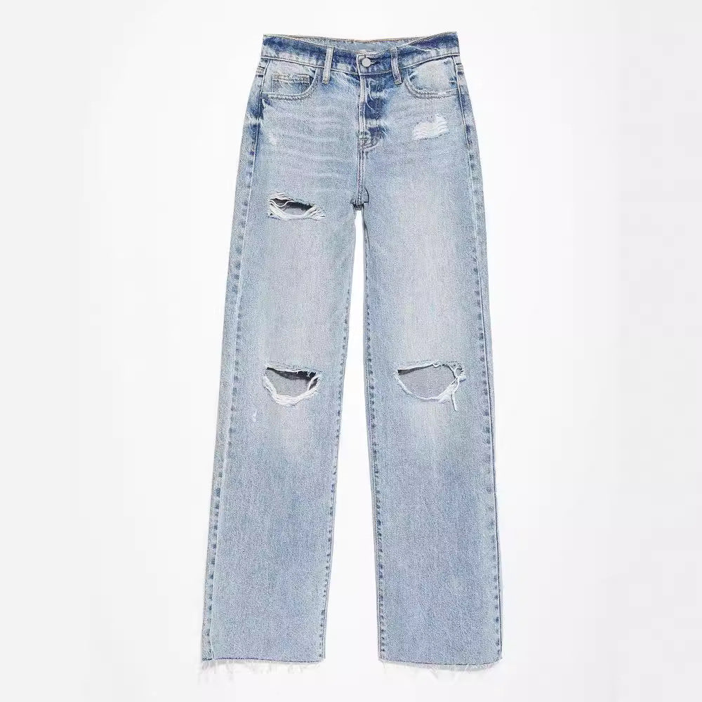 Ripped Denim Pant Straight Leg High Waist Jeans