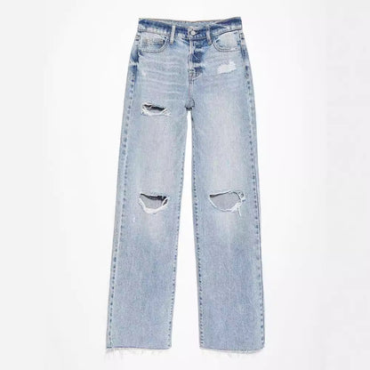 Ripped Denim Pant Straight Leg High Waist Jeans