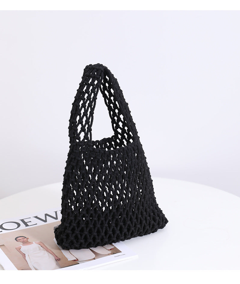 Solid Color Hollow Out Woven Handbag