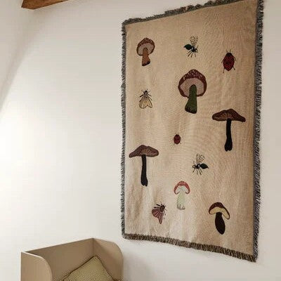 Whimsical Mushroom Pattern Insect Tapestry Throw Blanket
