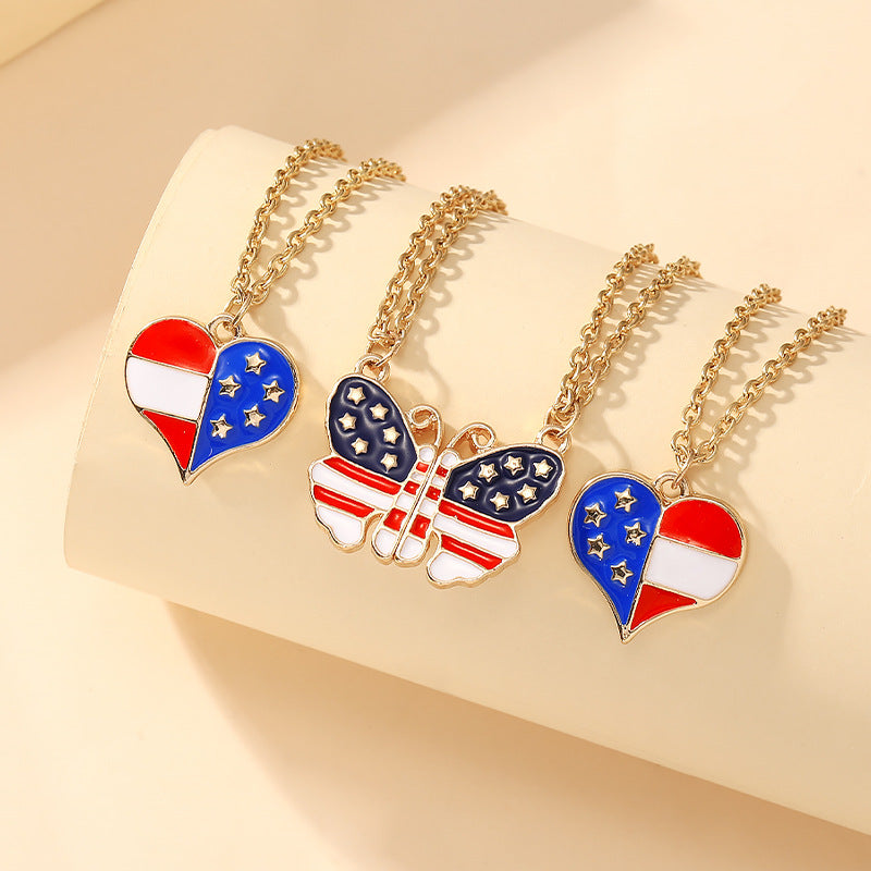 2Pcs USA Flag Heart Necklace Butterfly Necklaces
