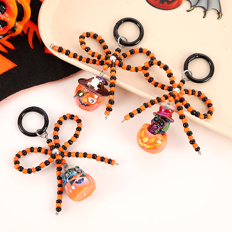 Halloween Beaded Bow Pumpkin Keychain