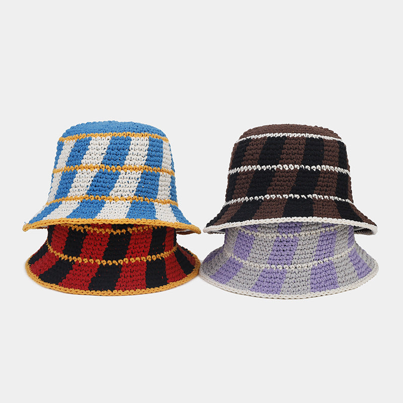 Contrast Color Plaid Casual Crochet Bucket Hat