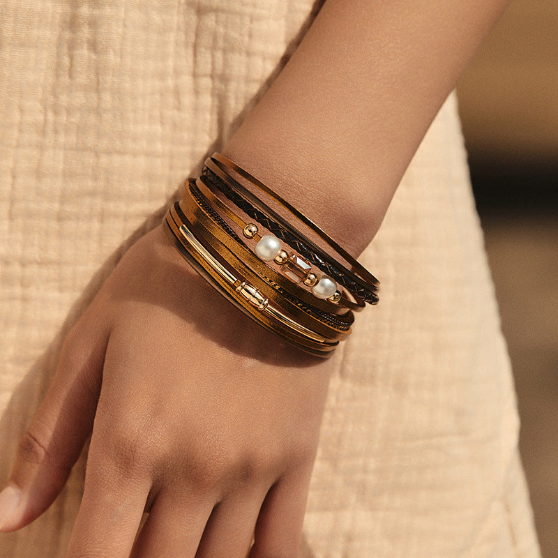 Vintage Pearl Layered Leather Bracelets