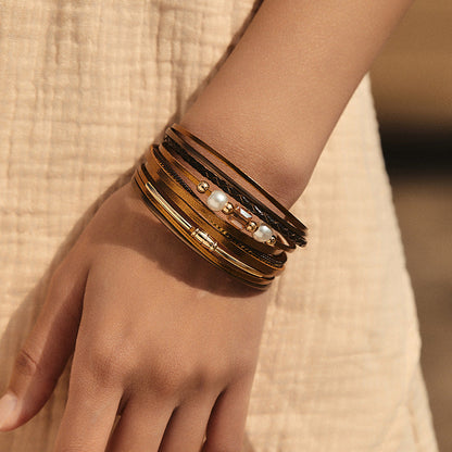 Vintage Pearl Layered Leather Bracelets