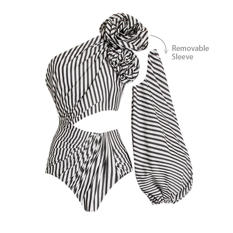 Striped Flower Swimwear With Reffle Cover
