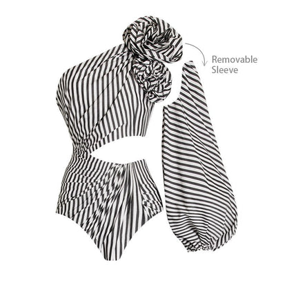 Striped Flower Swimwear With Reffle Cover