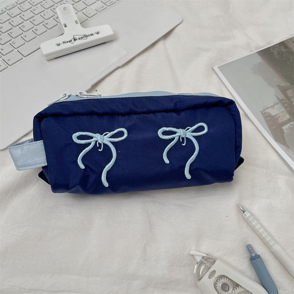 Bow Embroidered Large Capacity Pencil Pouch